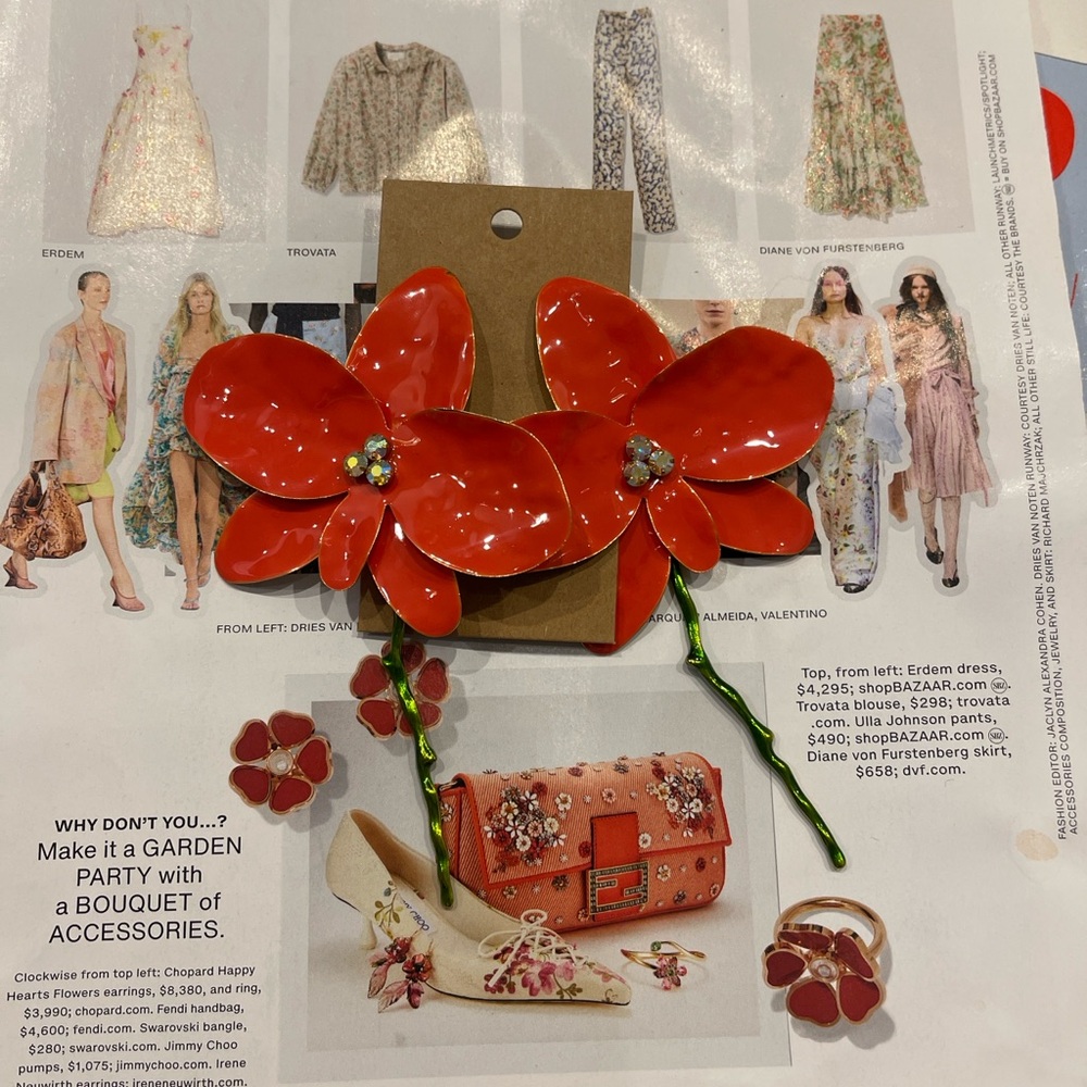 Red Floral Earrings with Green Stems